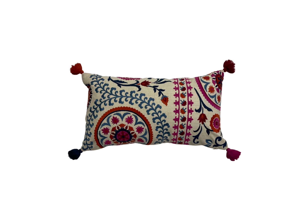 Tashkent Suzani Embroidered Off White Cushion Cover with Tassels
