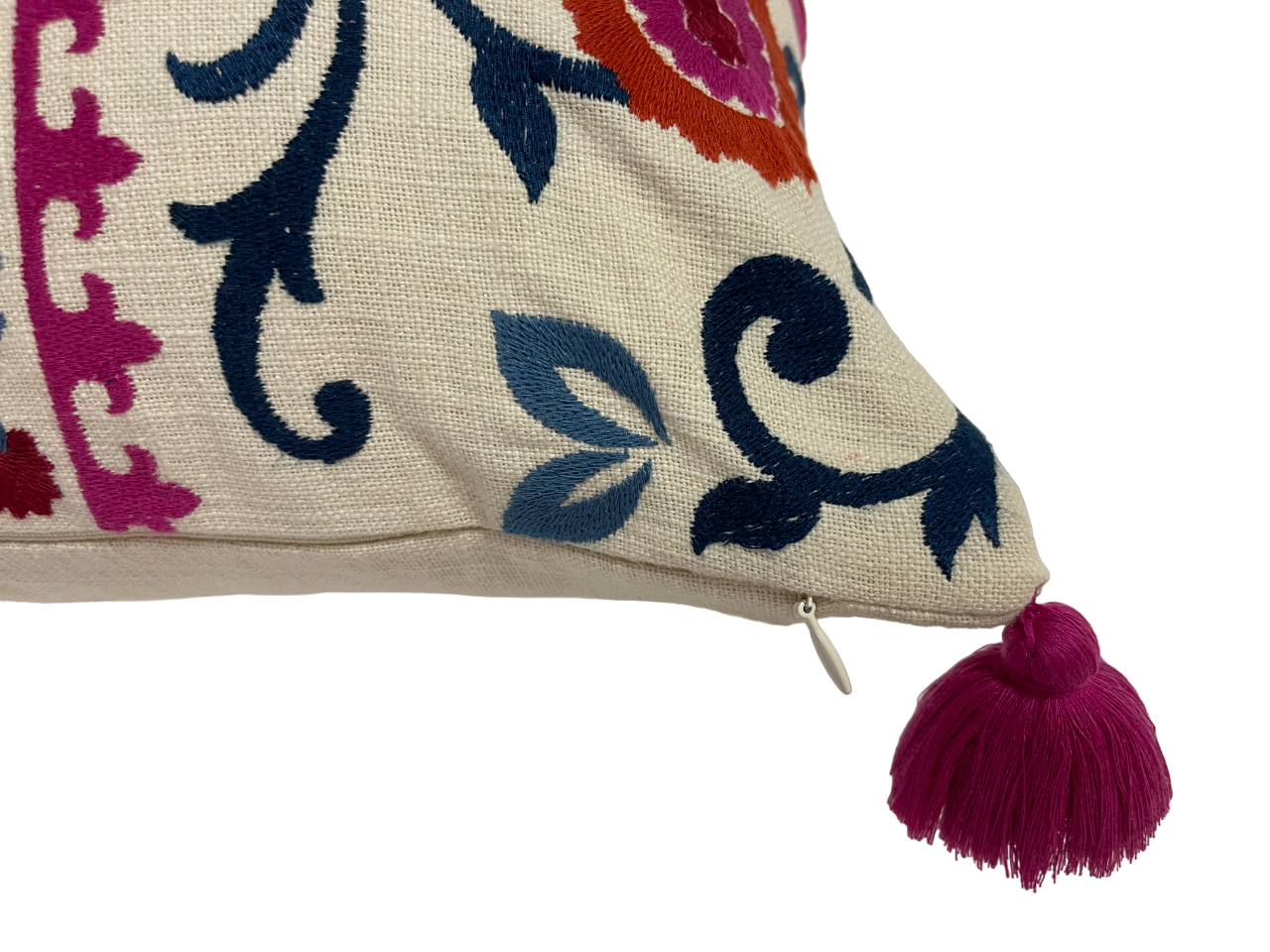 Tashkent Suzani Embroidered Off White Cushion Cover with Tassels