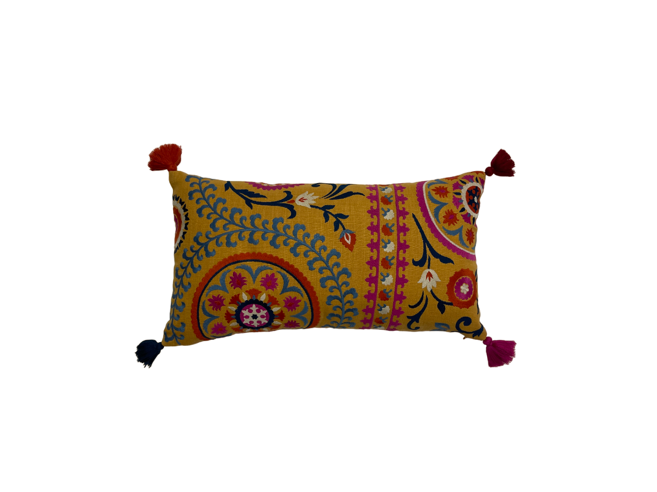 Tashkent Suzani Embroidered Mustard Cushion Cover with Tassels