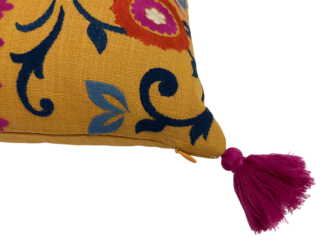 Tashkent Suzani Embroidered Mustard Cushion Cover with Tassels