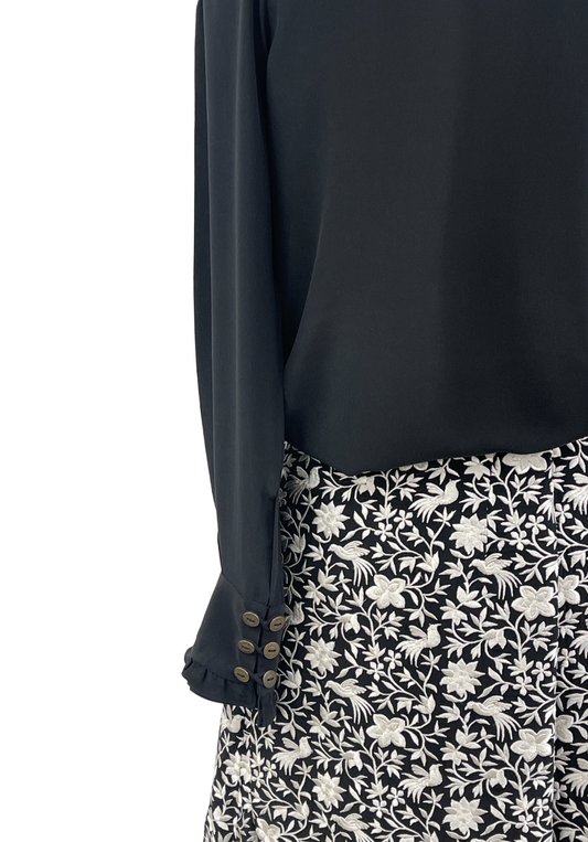 Black Pure Silk Crepe Parsi Embroidered Skirt