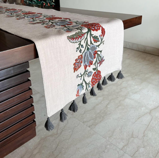 SAND FLORAL GREY EMBROIDERY TABLE RUNNER WITH TASSLES