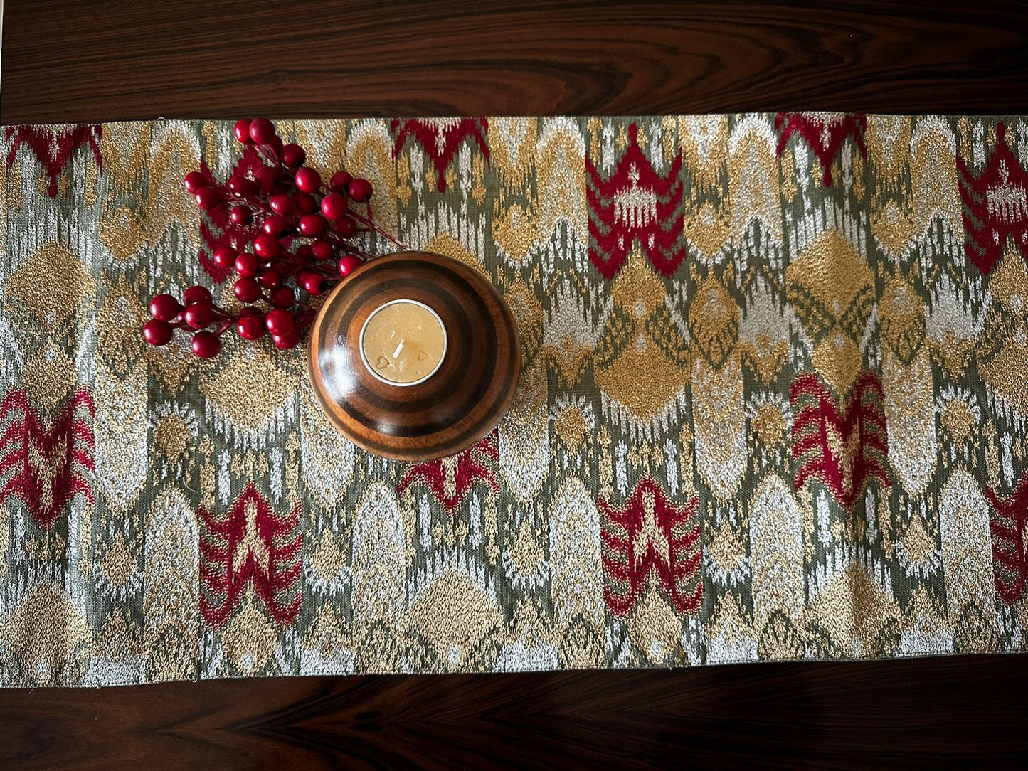 SAGE GREEN VELVET IKAT ZARI TABLE RUNNER