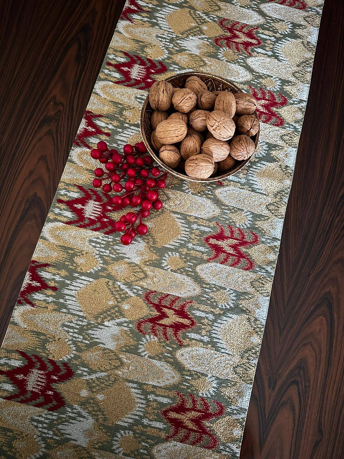 SAGE GREEN VELVET IKAT ZARI TABLE RUNNER