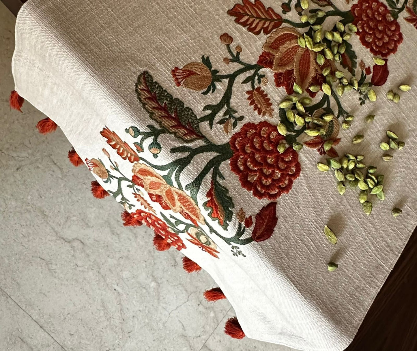 SAND FLORAL RUST EMBROIDERY TABLE RUNNER WITH TASSLES
