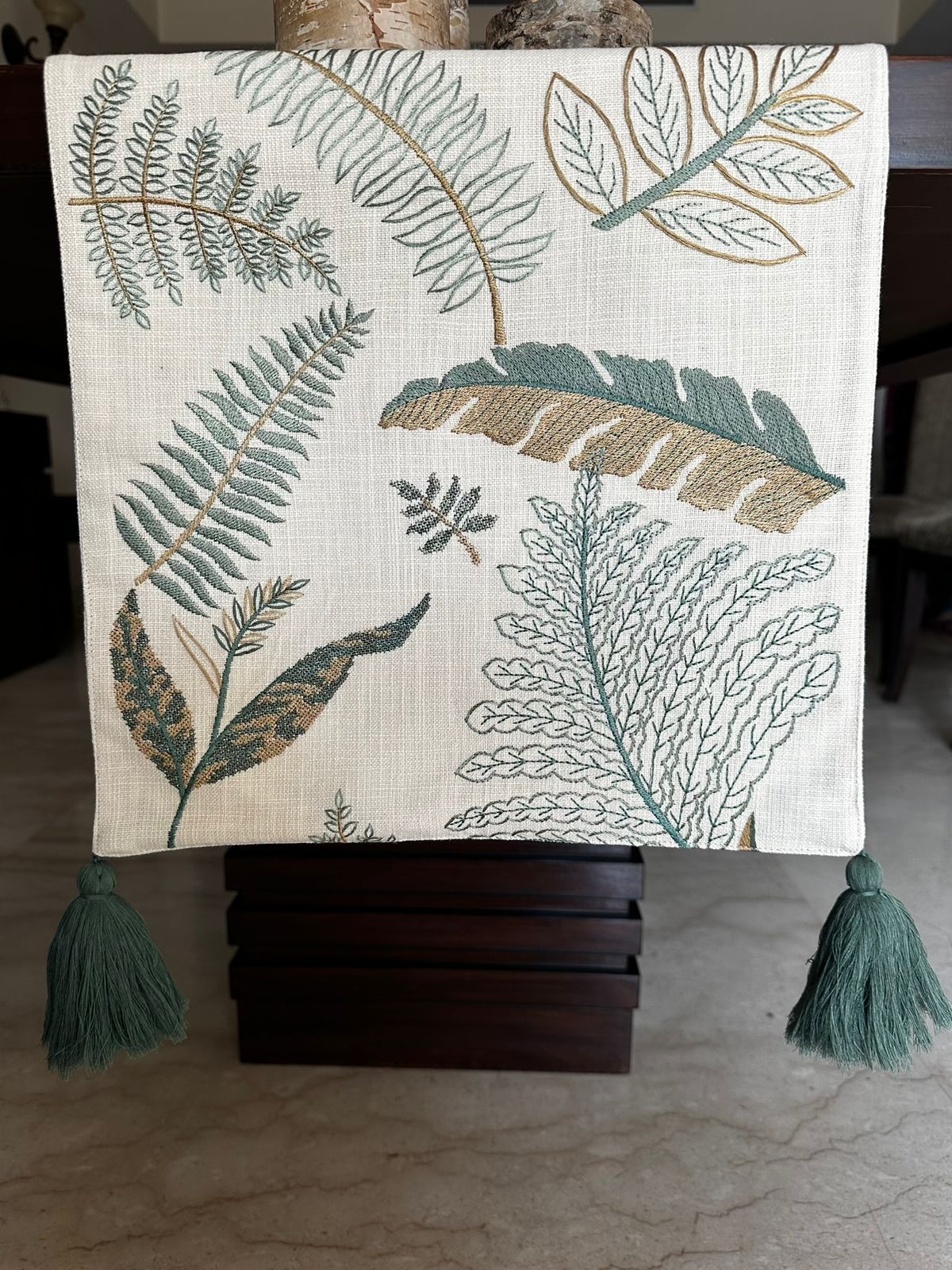 NATURAL PALM LEAVES EMBROIDERED TABLE RUNNER WITH TASSLES