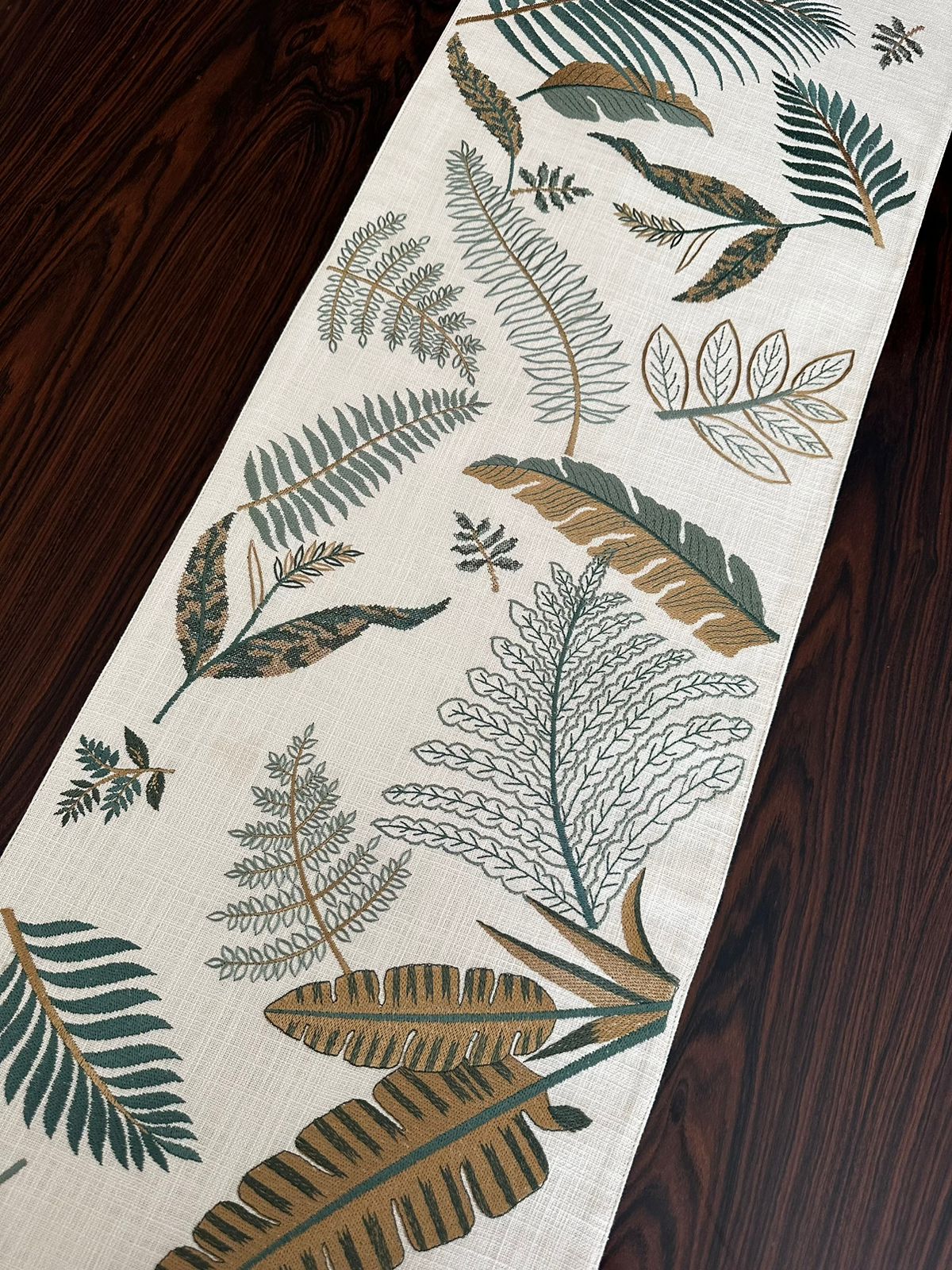 NATURAL PALM LEAVES EMBROIDERED TABLE RUNNER WITH TASSLES