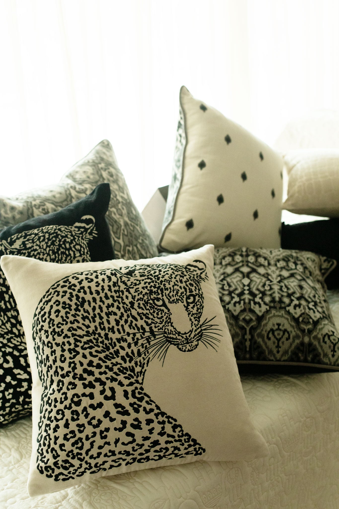 Snow Leopard Velvet Embroidered Black Cushion Cover