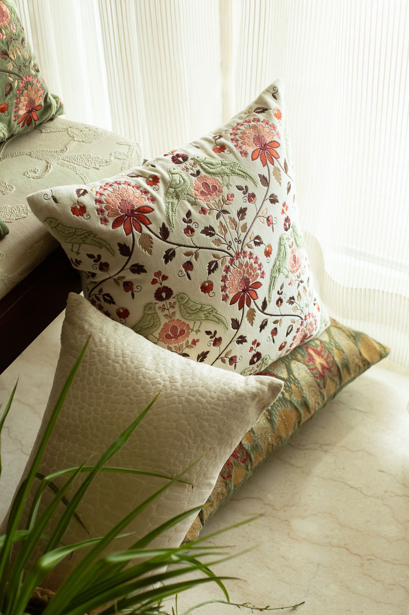 Royal Jardin Embroidered Off White  Cushion Cover