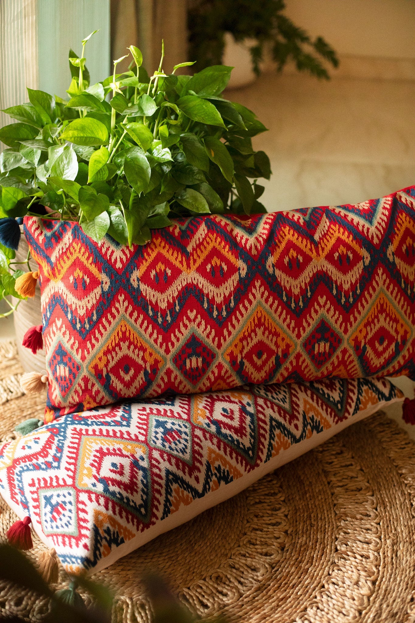 Sambhalpur Ikat Embroidered Red Base Cushion Cover