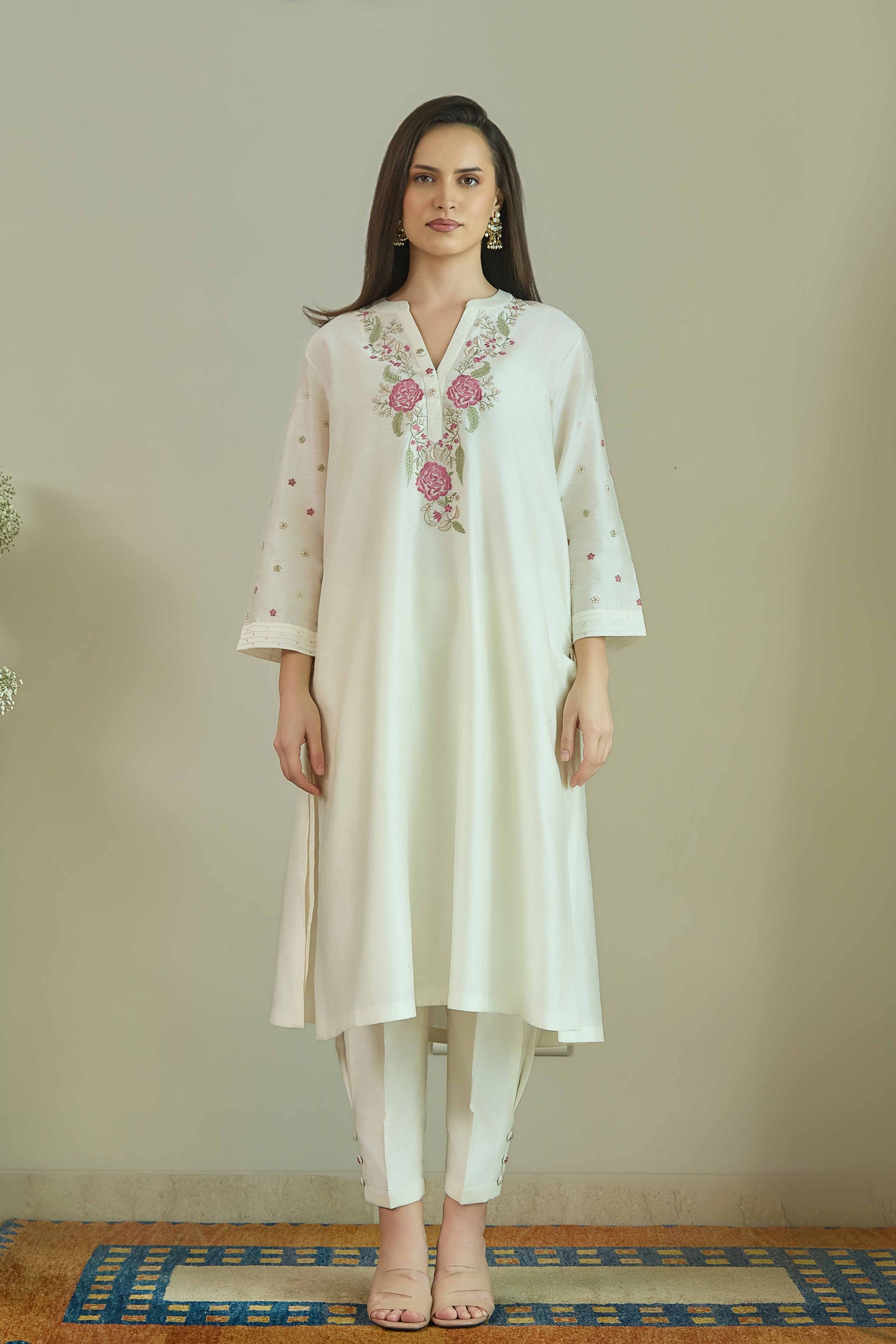 Gul-e-Chand Ivory/Tea Rose Pink - Pure silk Chanderi Kurta Set
