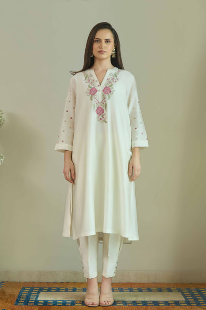 Gul-e-Chand Ivory/Tea Rose Pink - Pure silk Chanderi Kurta Set