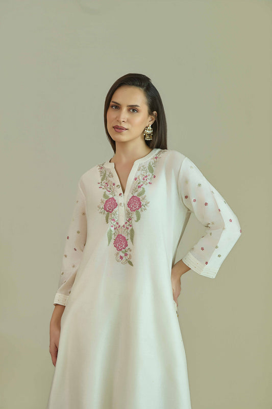 Gul-e-Chand Ivory/Tea Rose Pink - Pure silk Chanderi Kurta Set