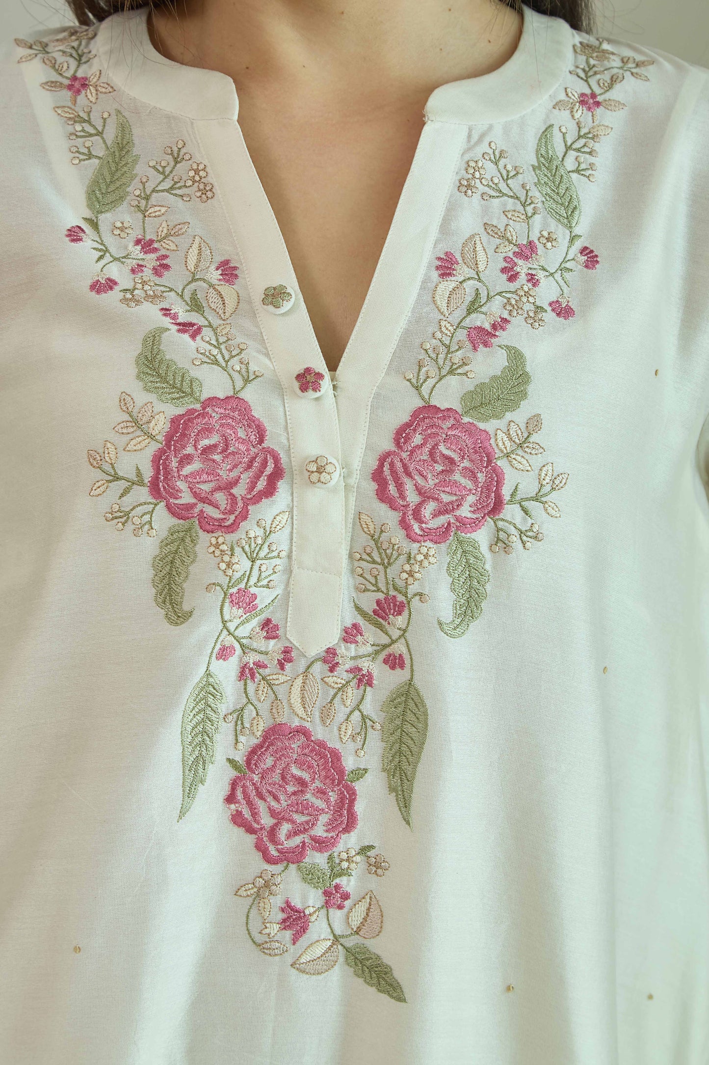 Gul-e-Chand Ivory/Tea Rose Pink - Pure silk Chanderi Kurta Set