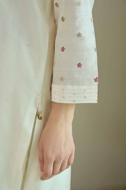 Gul-e-Chand Ivory/Tea Rose Pink - Pure silk Chanderi Kurta Set