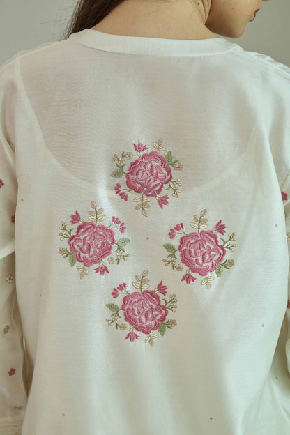 Gul-e-Chand Ivory/Tea Rose Pink - Pure silk Chanderi Kurta Set