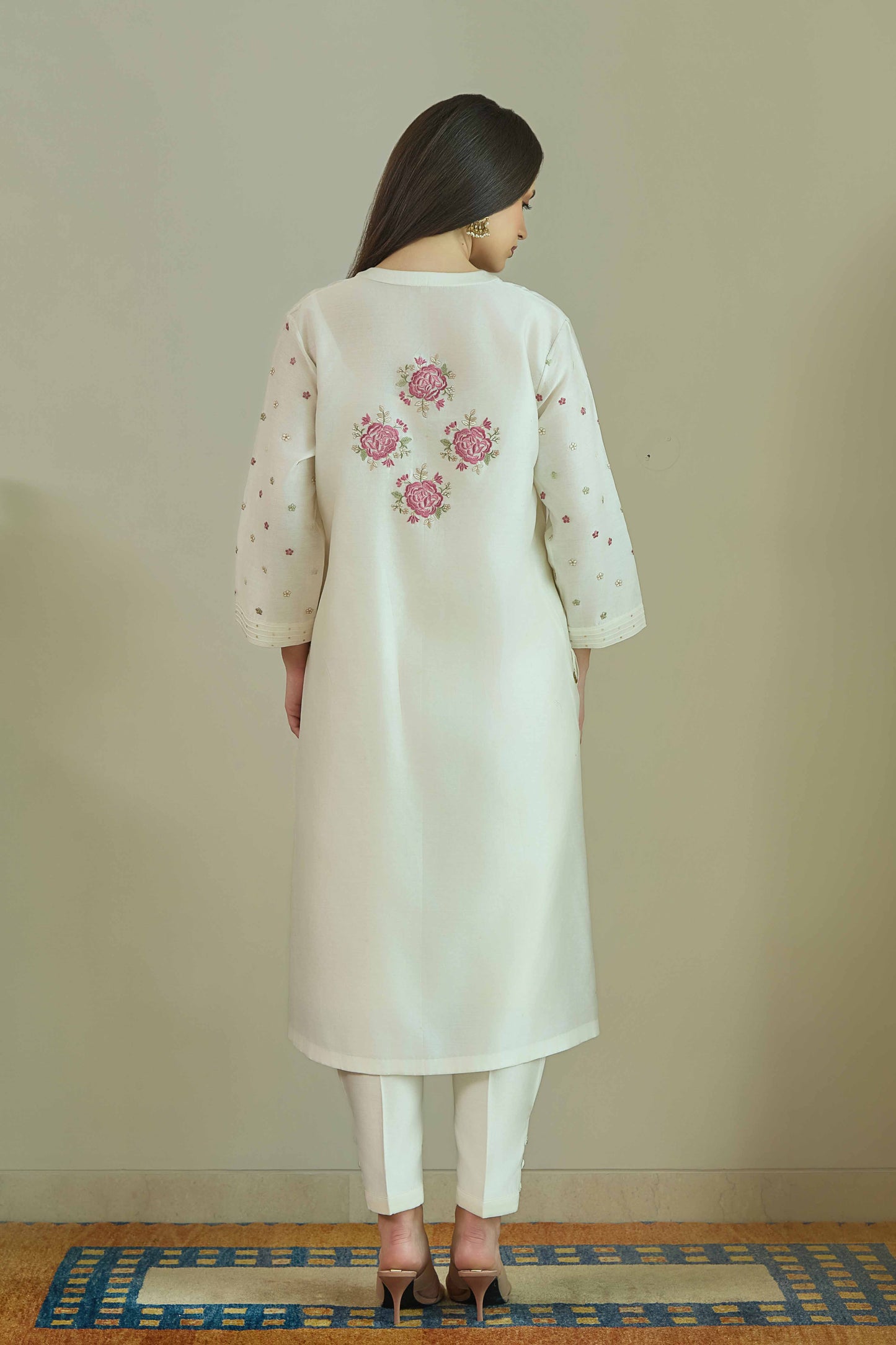 Gul-e-Chand Ivory/Tea Rose Pink - Pure silk Chanderi Kurta Set