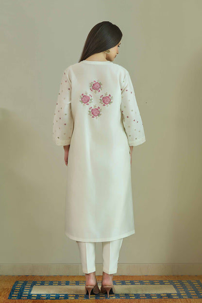 Gul-e-Chand Ivory/Tea Rose Pink - Pure silk Chanderi Kurta Set