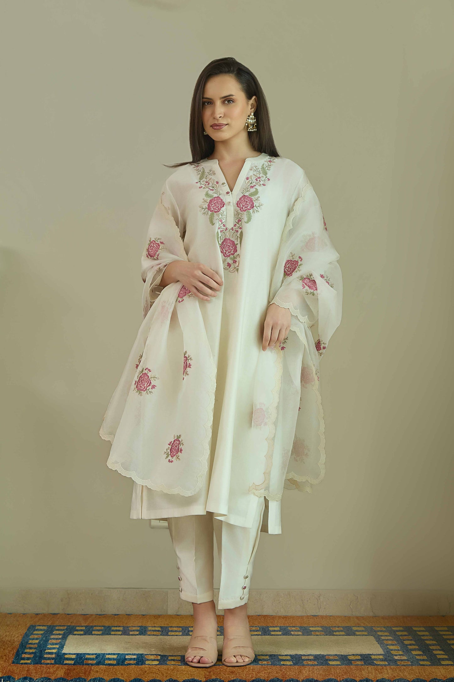 Gul-e-Chand Ivory/Tea Rose Pink - Pure silk Chanderi Kurta Set