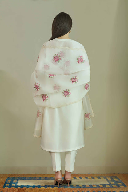Gul-e-Chand Ivory/Tea Rose Pink - Pure silk Chanderi Kurta Set