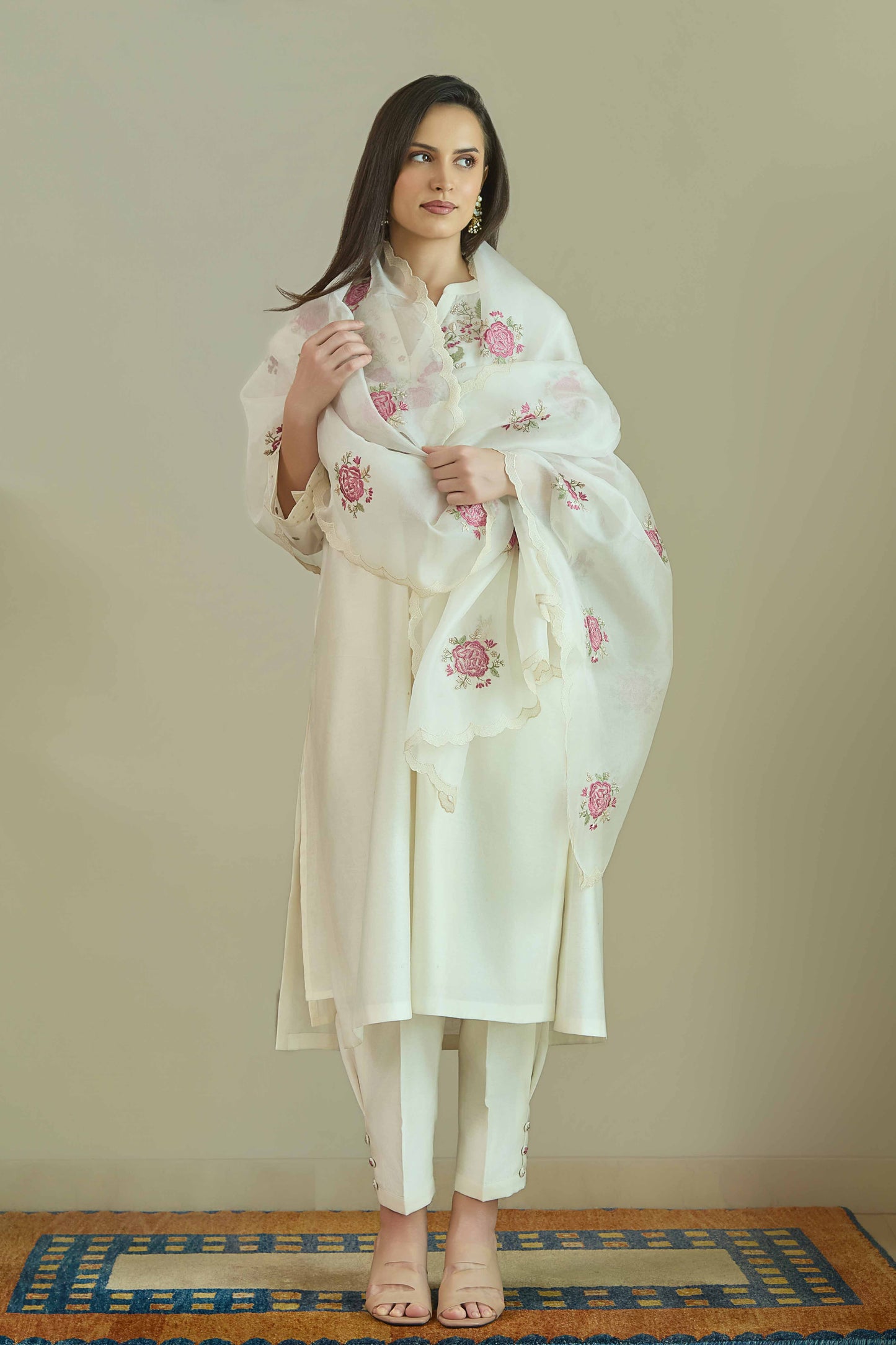 Gul-e-Chand Ivory/Tea Rose Pink - Pure silk Chanderi Kurta Set