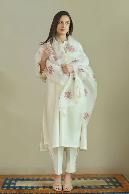 Gul-e-Chand Ivory/Tea Rose Pink - Pure silk Chanderi Kurta Set