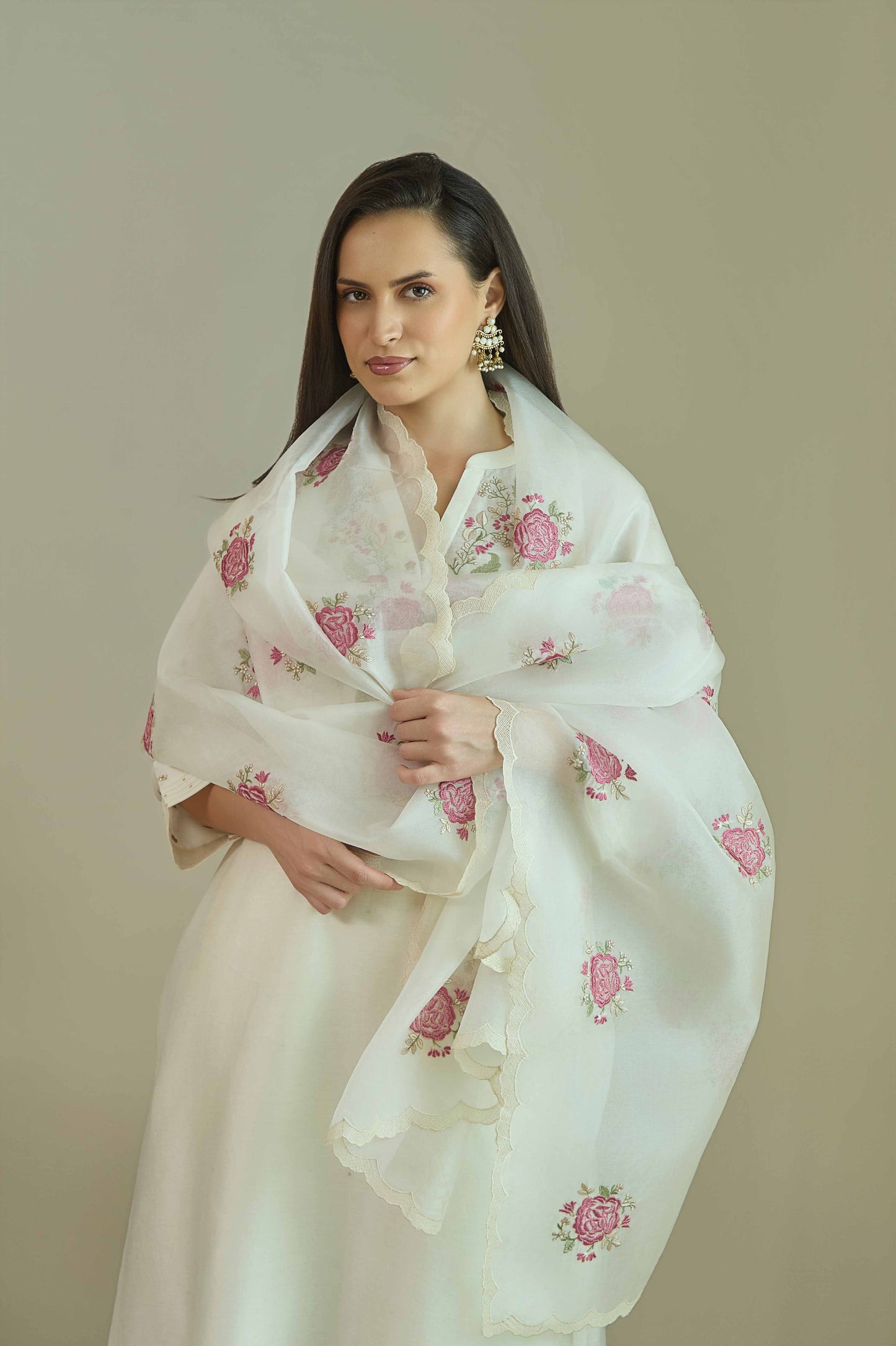 Gul-e-Chand Ivory/Tea Rose Pink - Pure silk Chanderi Kurta Set