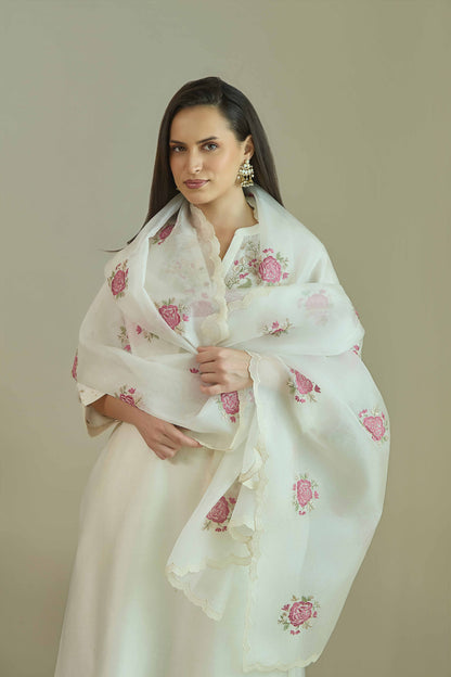 Gul-e-Chand Ivory/Tea Rose Pink - Pure silk Chanderi Kurta Set