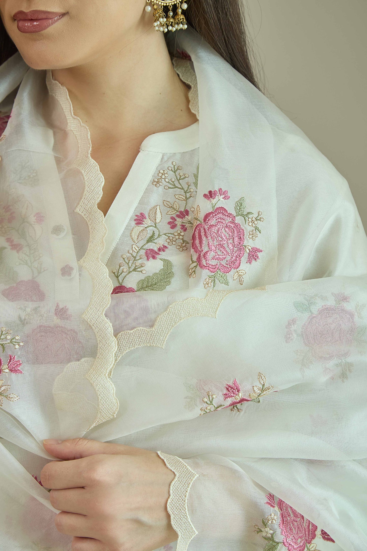 Gul-e-Chand Ivory/Tea Rose Pink - Pure silk Chanderi Kurta Set