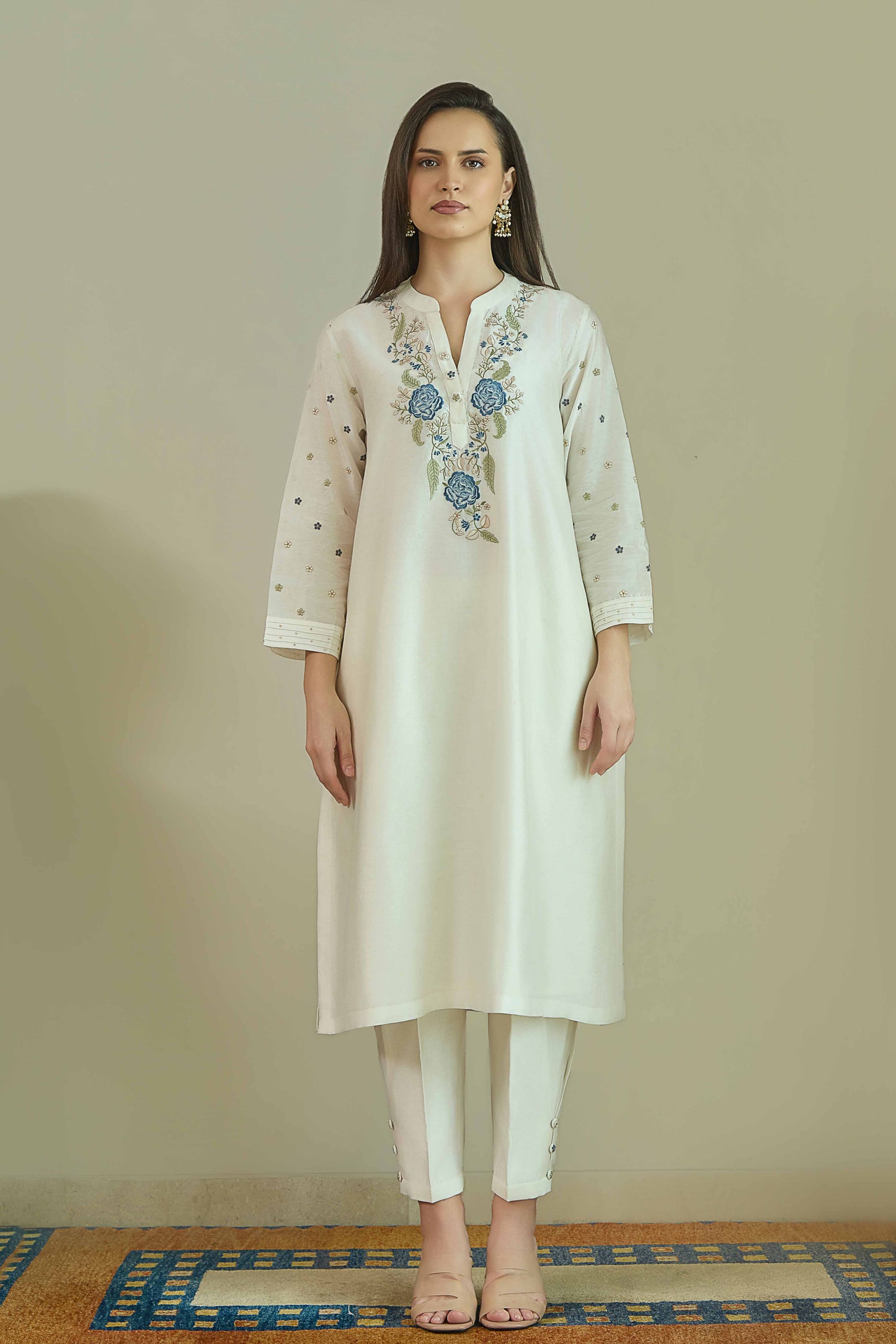 Gul-e-Chand Ivory/Powder Blue Pure silk Chanderi Kurta Set