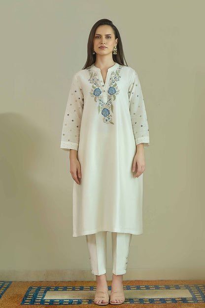Gul-e-Chand Ivory/Powder Blue Pure silk Chanderi Kurta Set