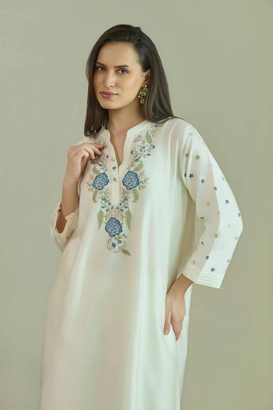Gul-e-Chand Ivory/Powder Blue Pure silk Chanderi Kurta Set