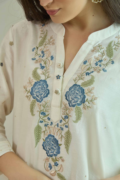 Gul-e-Chand Ivory/Powder Blue Pure silk Chanderi Kurta Set