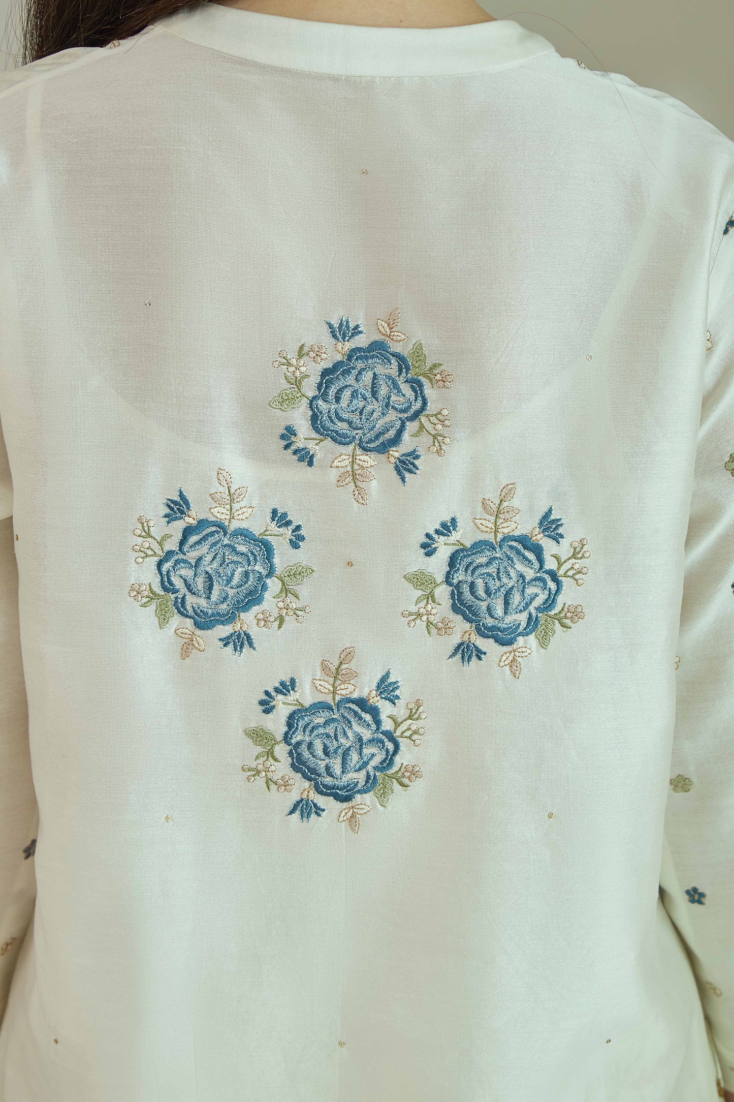 Gul-e-Chand Ivory/Powder Blue Pure silk Chanderi Kurta Set