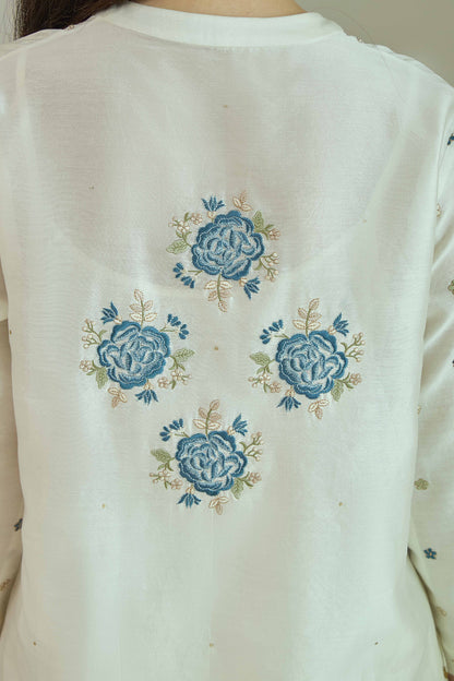 Gul-e-Chand Ivory/Powder Blue Pure silk Chanderi Kurta Set