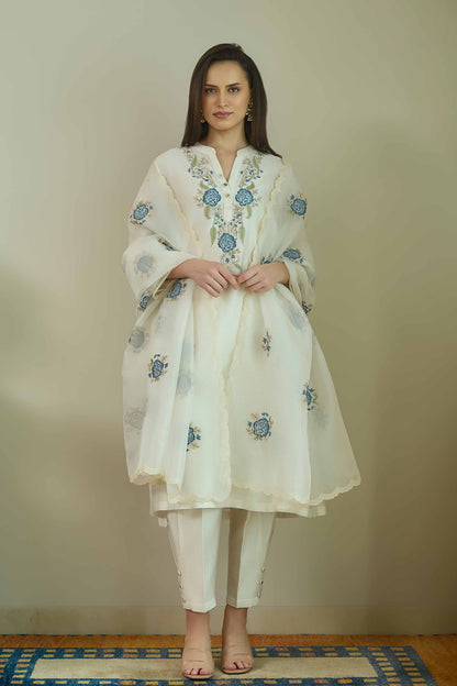 Gul-e-Chand Ivory/Powder Blue Pure silk Chanderi Kurta Set