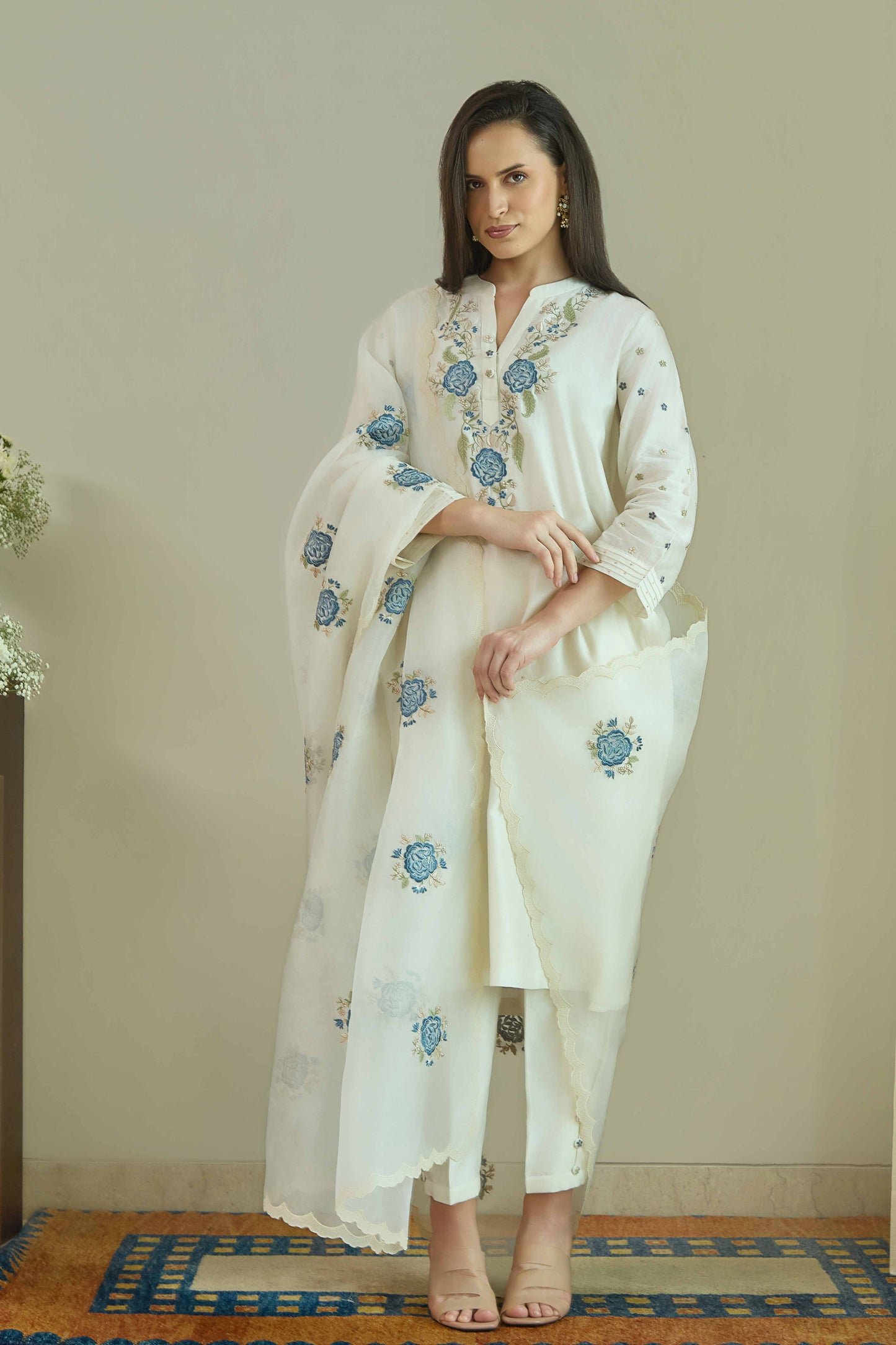 Gul-e-Chand Ivory/Powder Blue Pure silk Chanderi Kurta Set