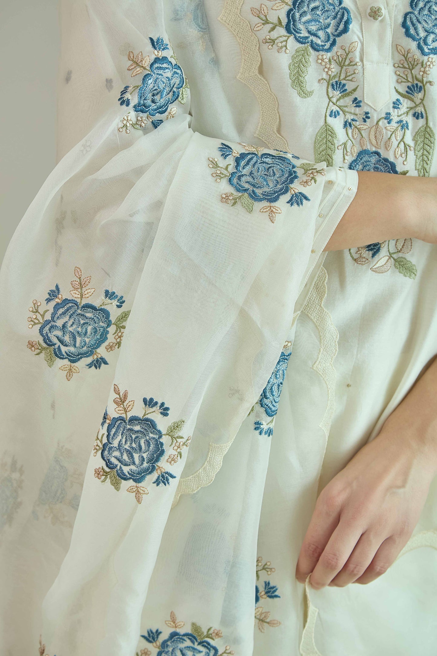 Gul-e-Chand Ivory/Powder Blue Pure silk Chanderi Kurta Set