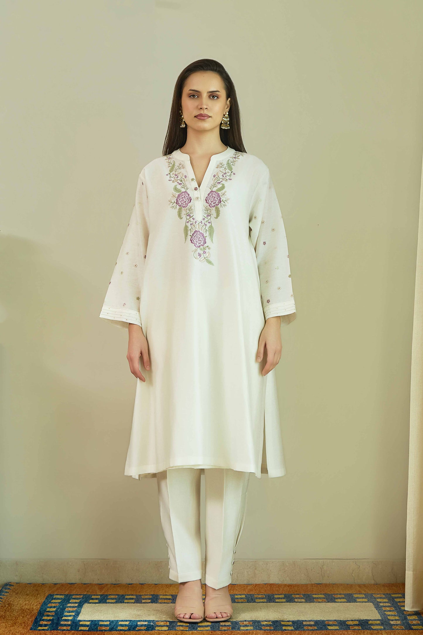 Gul-e-Chand Ivory/ Lilac - Pure silk Chanderi Kurta Set