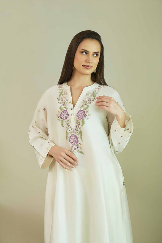 Gul-e-Chand Ivory/ Lilac - Pure silk Chanderi Kurta Set
