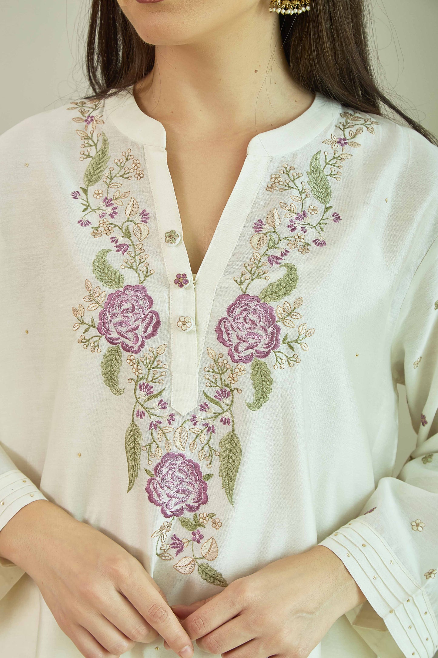 Gul-e-Chand Ivory/ Lilac - Pure silk Chanderi Kurta Set