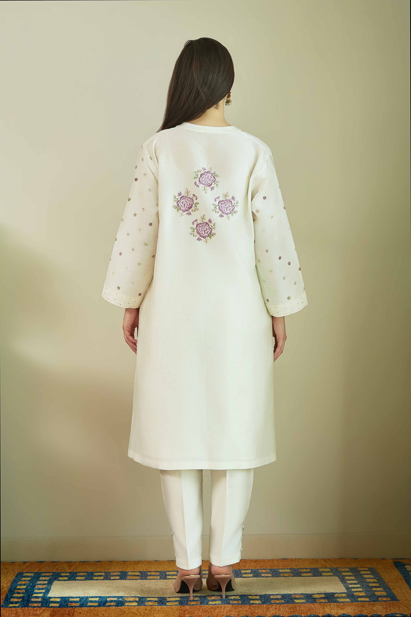 Gul-e-Chand Ivory/ Lilac - Pure silk Chanderi Kurta Set
