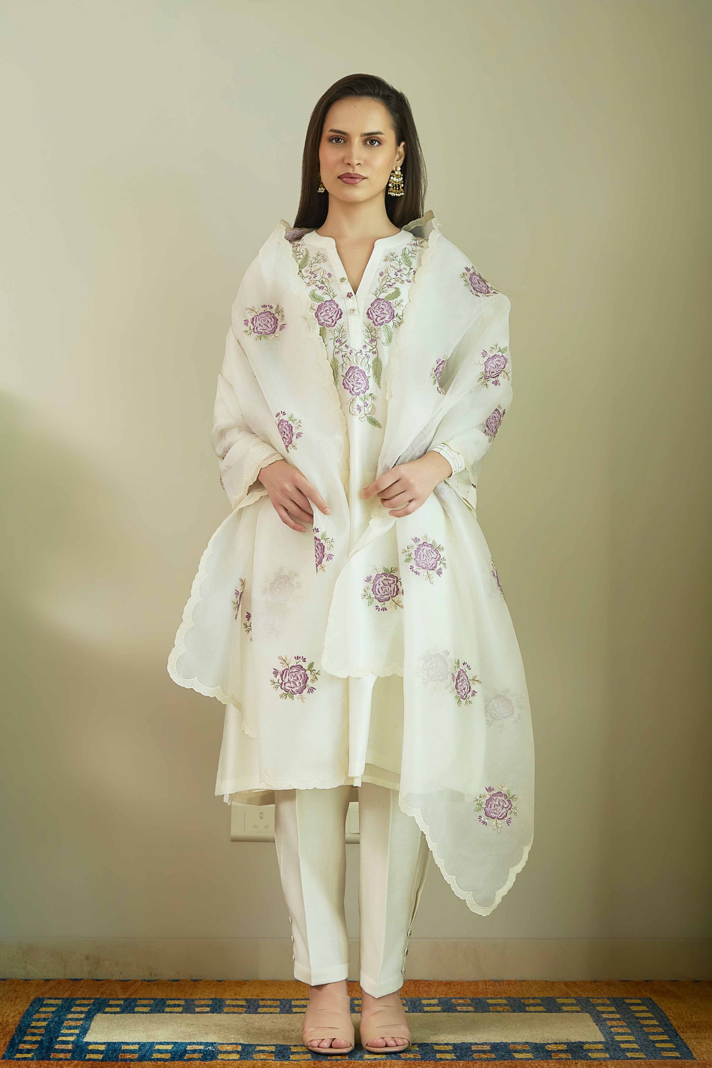 Gul-e-Chand Ivory/ Lilac - Pure silk Chanderi Kurta Set
