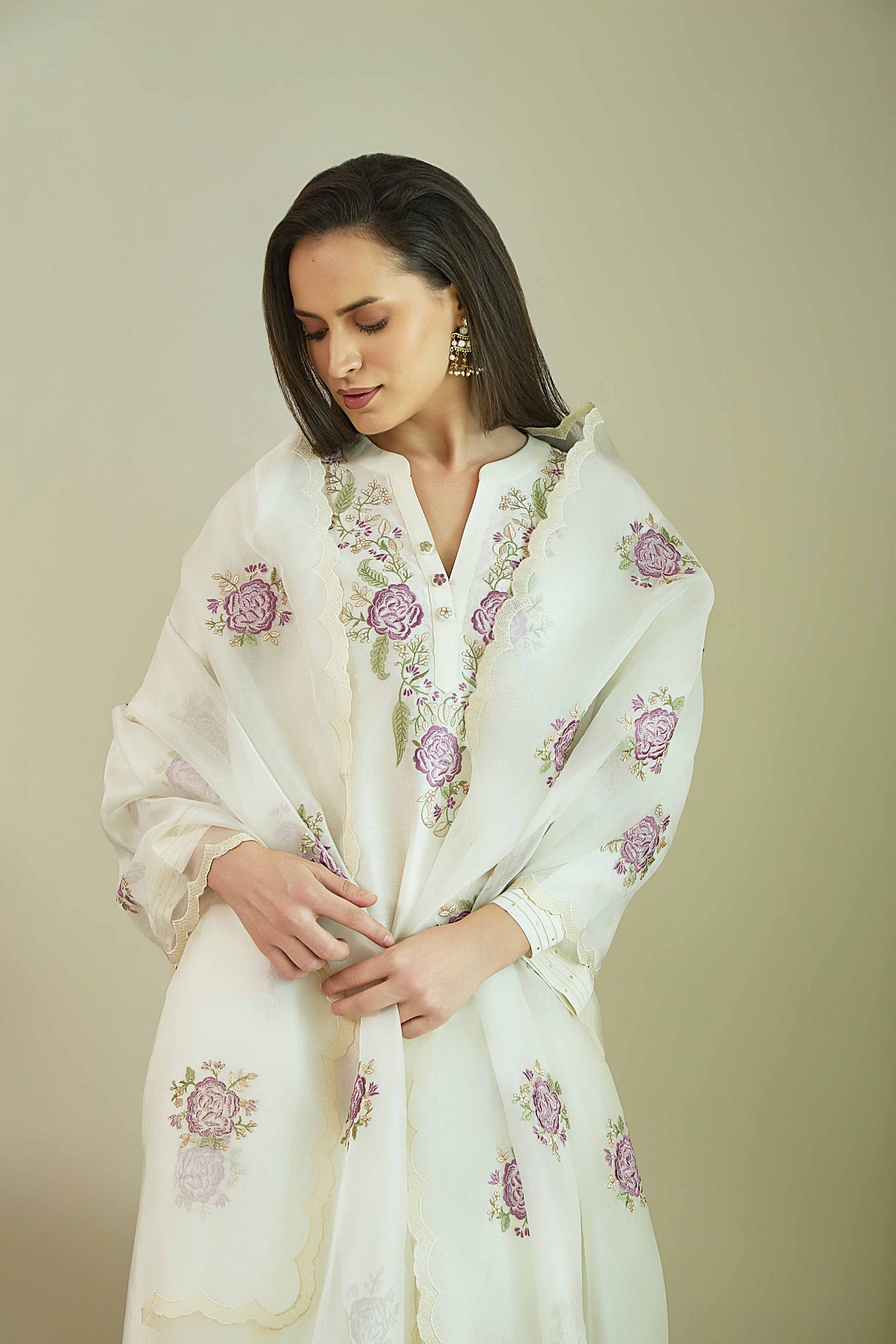 Gul-e-Chand Ivory/ Lilac - Pure silk Chanderi Kurta Set