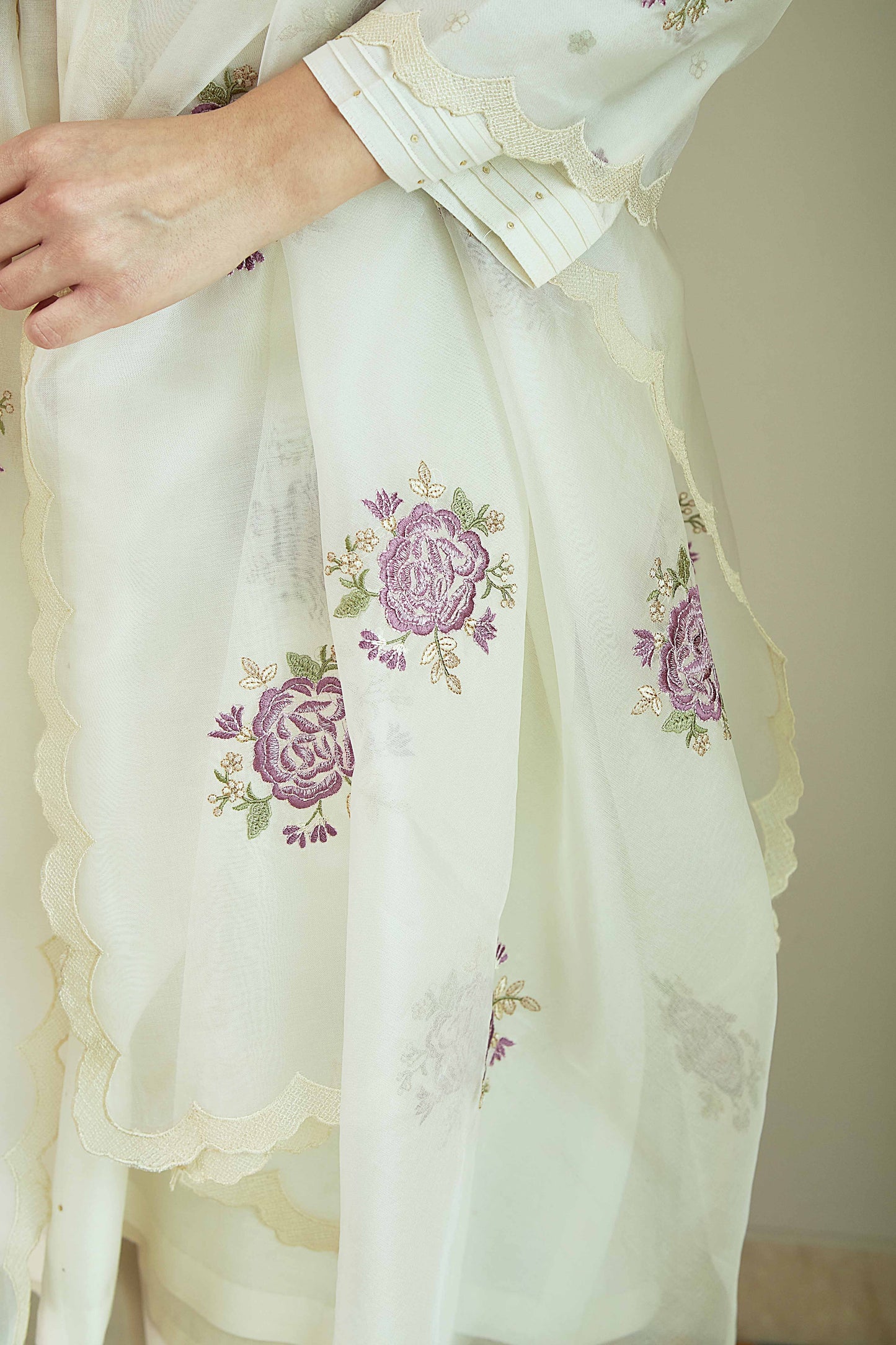 Gul-e-Chand Ivory/ Lilac - Pure silk Chanderi Kurta Set