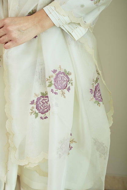 Gul-e-Chand Ivory/ Lilac - Pure silk Chanderi Kurta Set