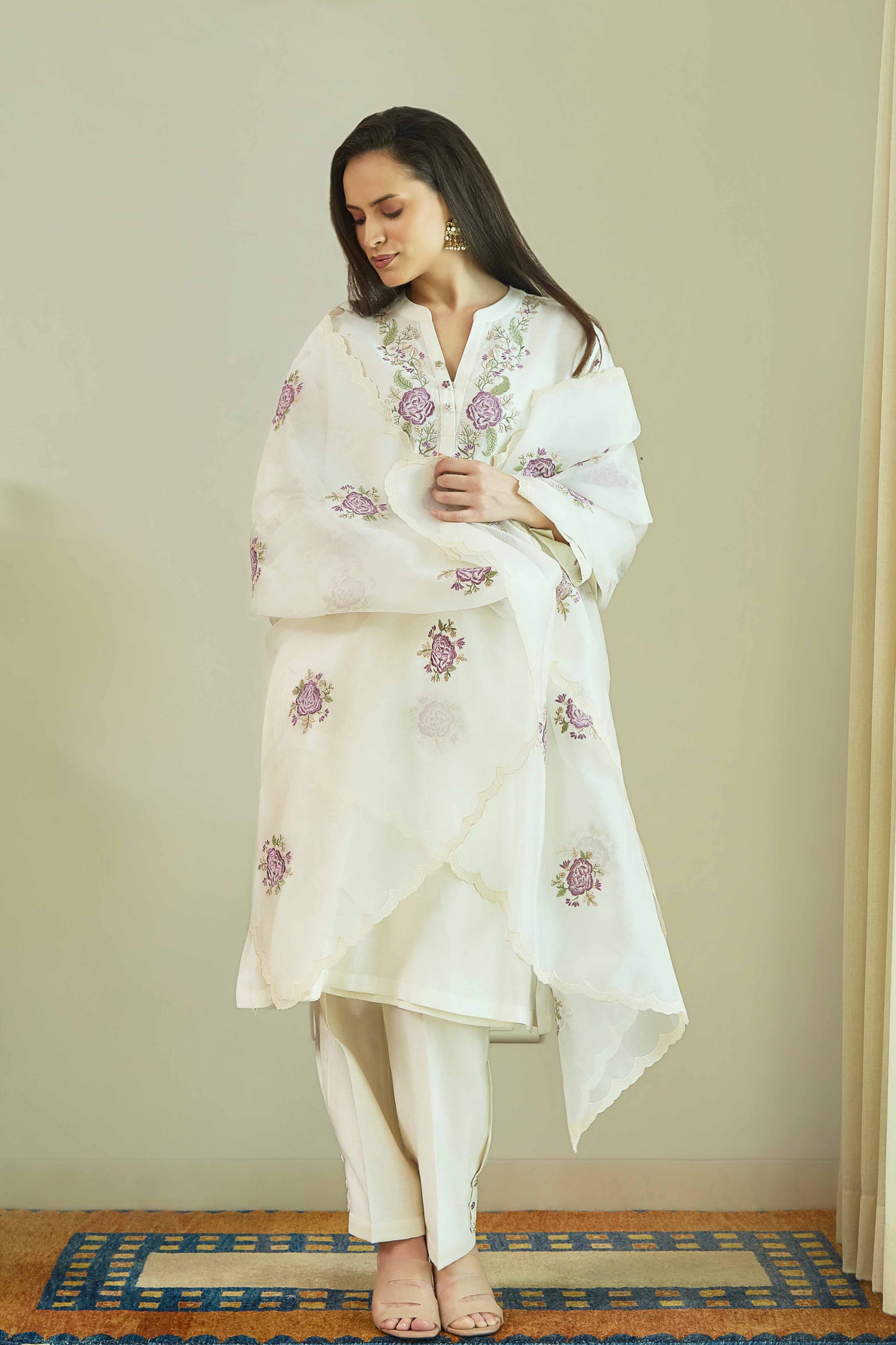 Gul-e-Chand Ivory/ Lilac - Pure silk Chanderi Kurta Set