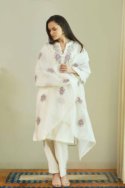 Gul-e-Chand Ivory/ Lilac - Pure silk Chanderi Kurta Set