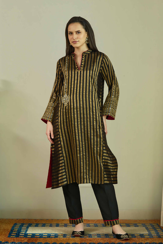 Raaz-e-Falak Black - Stripe Pure Silk Tissue Chanderi Kurta Set