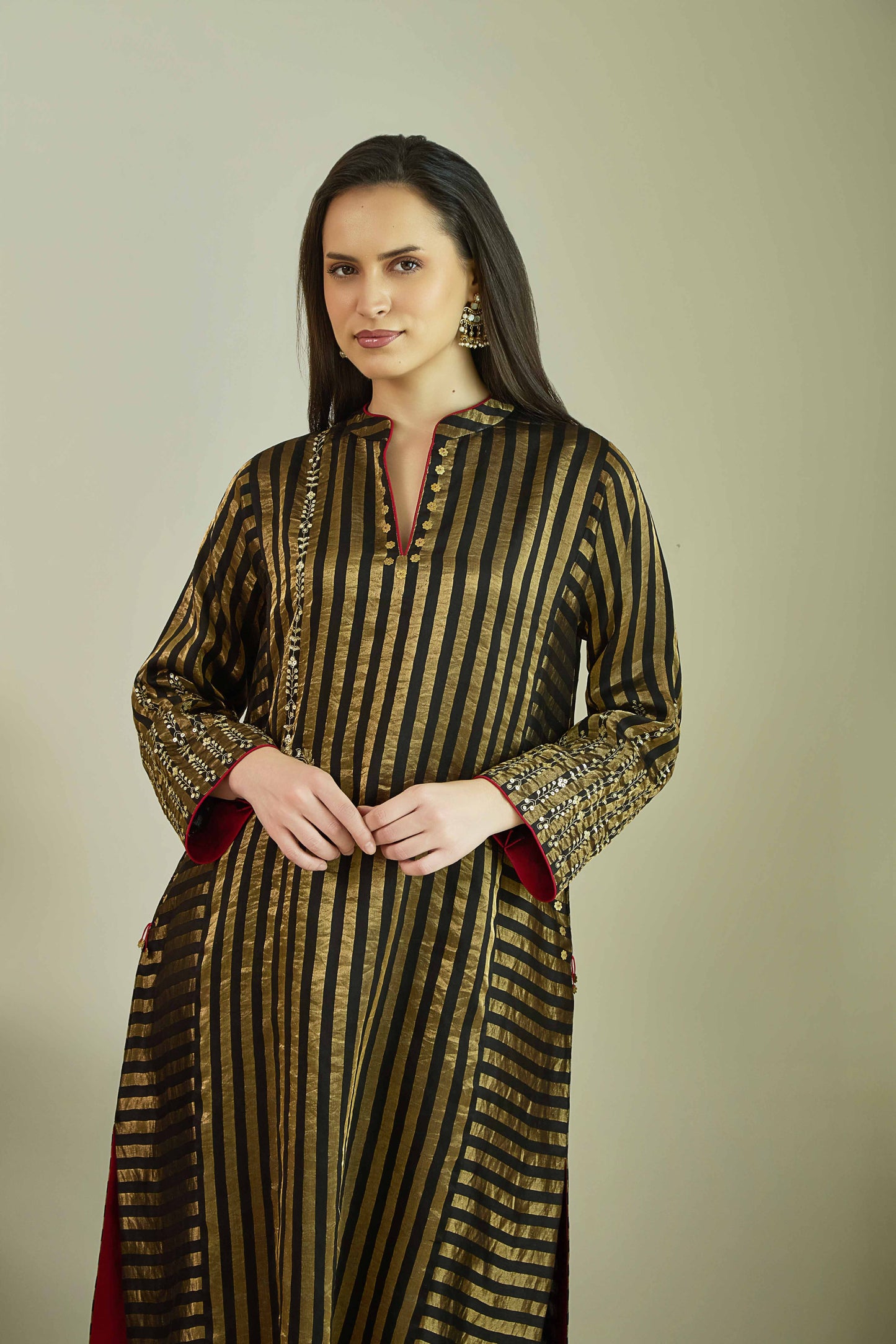 Raaz-e-Falak Black - Stripe Pure Silk Tissue Chanderi Kurta Set
